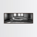 Minimalist Bedroom, Simple Living, Monochrome Bed, Peaceful Morning, Framed Canvas Print, Bedroom Wall Art, Moody Art, Farmhouse Art
