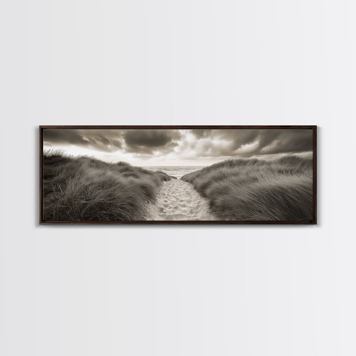 Sandy Dune Path, Grassy Trail, Seaside Journey, Beach Nature Scene, Framed Canvas Print, Minimalist Wall Art, Autumn Coastal Decor