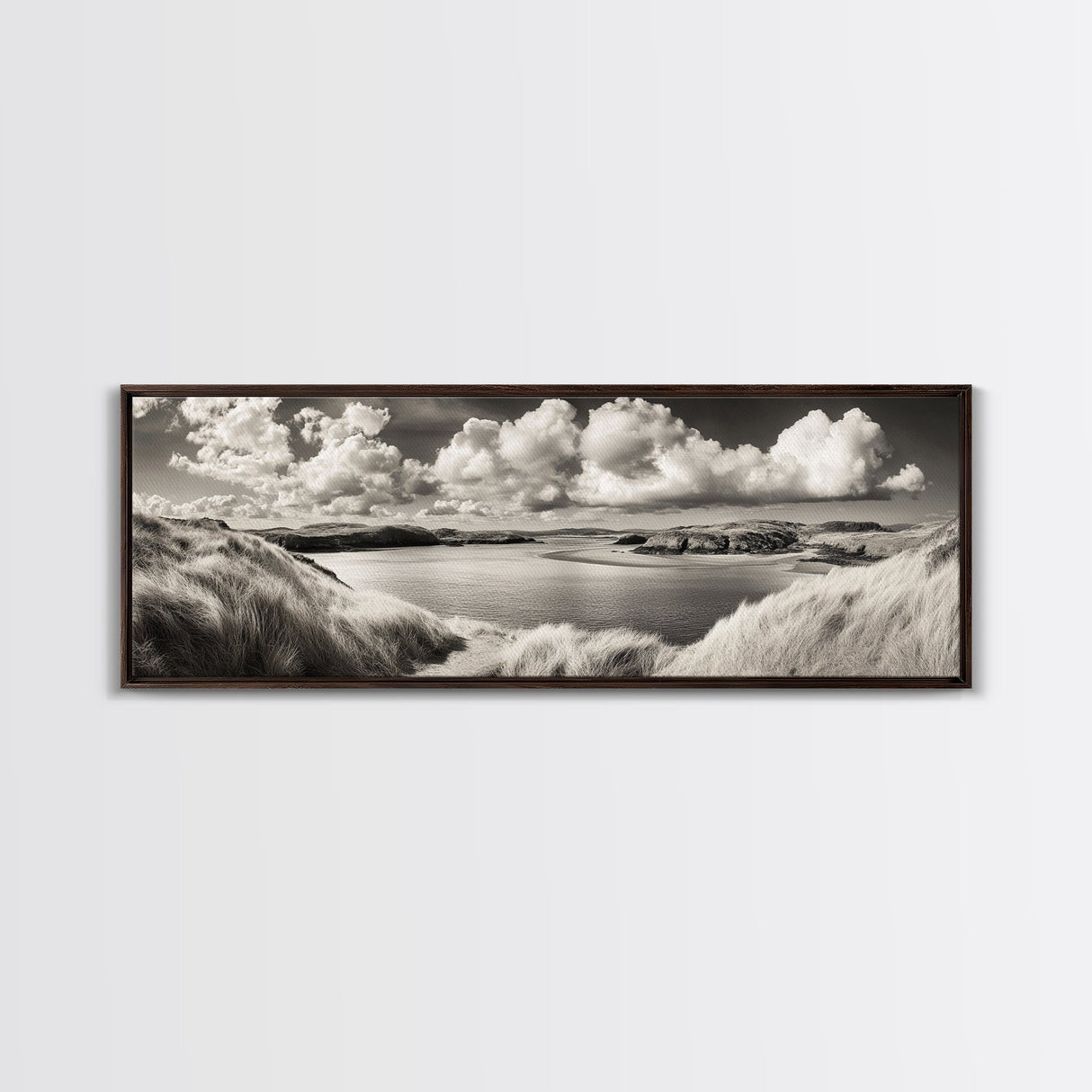Misty Lake, Peaceful Shore, Cloud Reflections, Canvas Print, Black and White Nature Art, Coastal Landscape, Bedroom Wall Art, Minimalist Decor