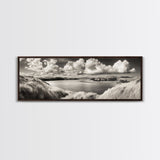 Misty Lake, Peaceful Shore, Cloud Reflections, Canvas Print, Black and White Nature Art, Coastal Landscape, Bedroom Wall Art, Minimalist Decor