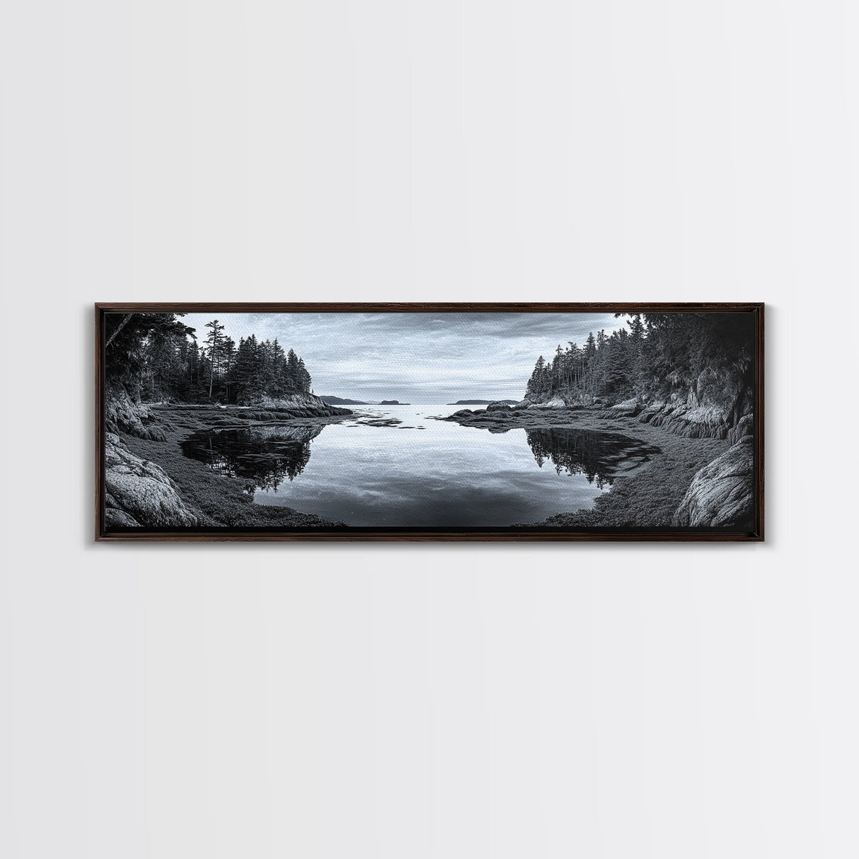 Forest Inlet, Calm Waters, Rocky Shore, Framed Canvas Print, Pacific Northwest Wall Art, Neutral Decor, Nature Photography, Rustic Vibes