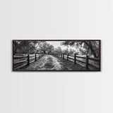 Tree Tunnel, Country Path, Fence Shadows, Framed Canvas Print, Black and White Nature Art, Rustic Wall Art, Autumn Entryway Decor