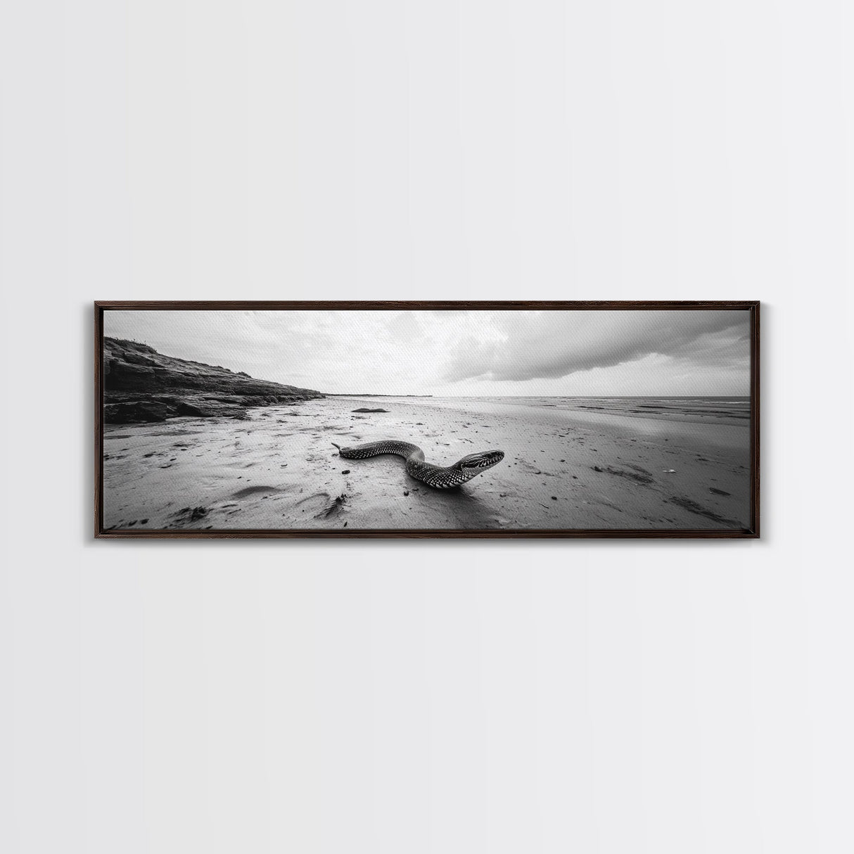 Snake On Beach, Coastal Wildlife, Dramatic Black and White, Framed Canvas Print, Nature Wall Art, Minimalist Decor, Office Statement Art
