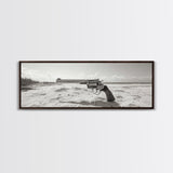 Revolver On Beach, Western Vibes, Americana Style, Framed Canvas Print, Man Cave Wall Art, Bold Statement Decor, Coastal Contrast