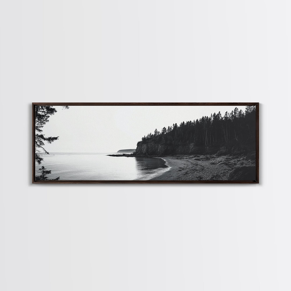 Forest Cliffs, Quiet Bay, Monochrome Coast, Canvas Print, Nature Photography, Modern Rustic Wall Art, Entryway or Office Decor