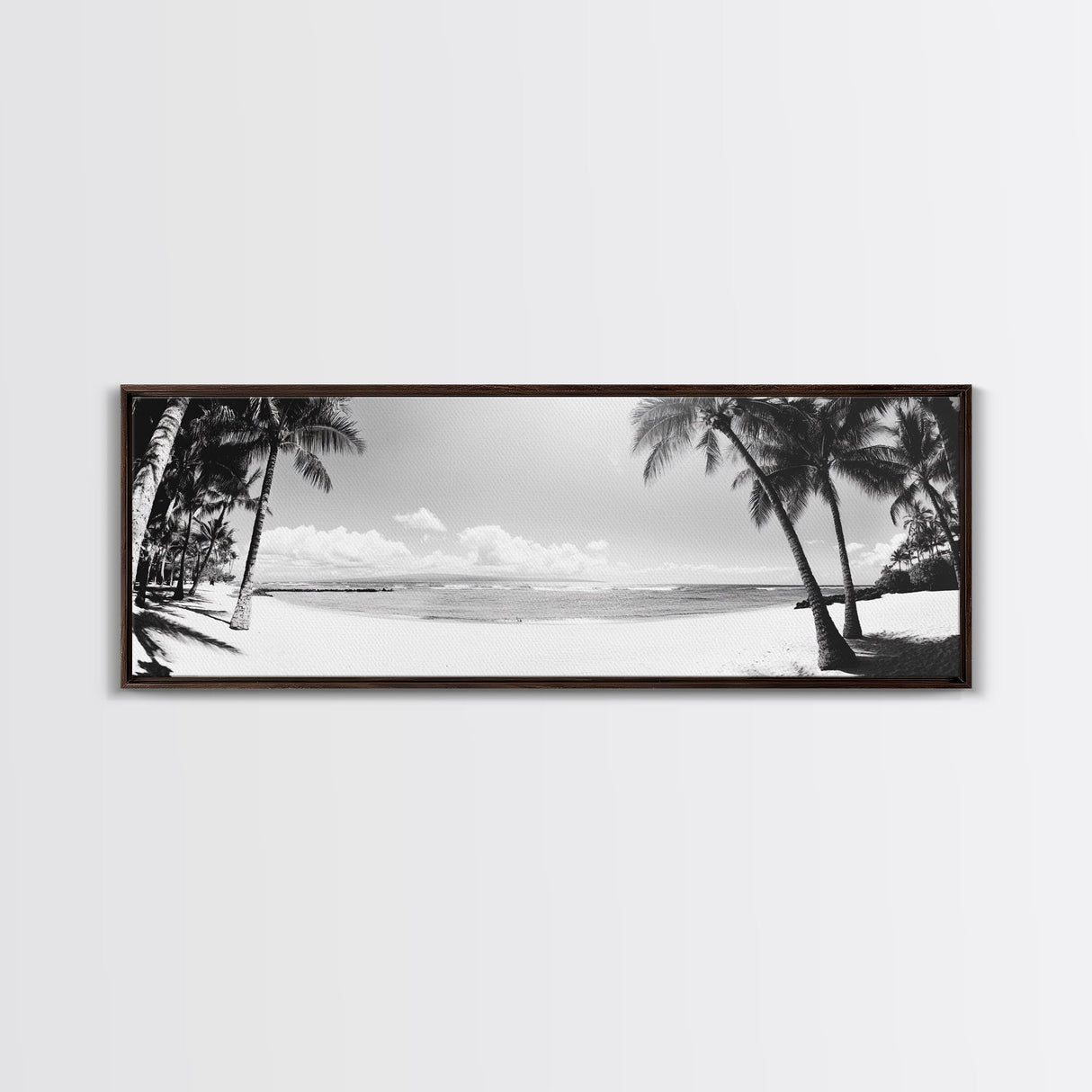 Tropical Beach Scene, Palm Tree Horizon, Ocean Serenity, Island Life, Framed Canvas Print, Coastal Wall Art, Living Room Decor, Minimalist Vibe