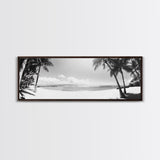 Tropical Beach Scene, Palm Tree Horizon, Ocean Serenity, Island Life, Framed Canvas Print, Coastal Wall Art, Living Room Decor, Minimalist Vibe