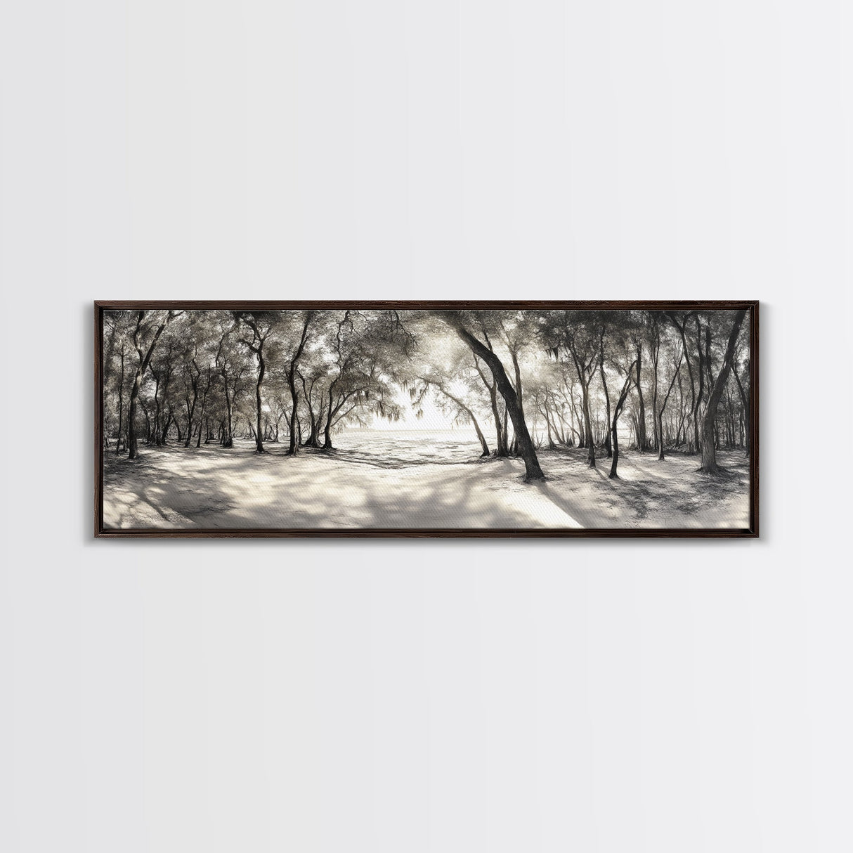 Dreamy Beach Forest, Sepia Trees, Canvas Print, Nature Wall Decor, Fall Bedroom Art, Rustic Woodland Landscape, Tree Shadow Light