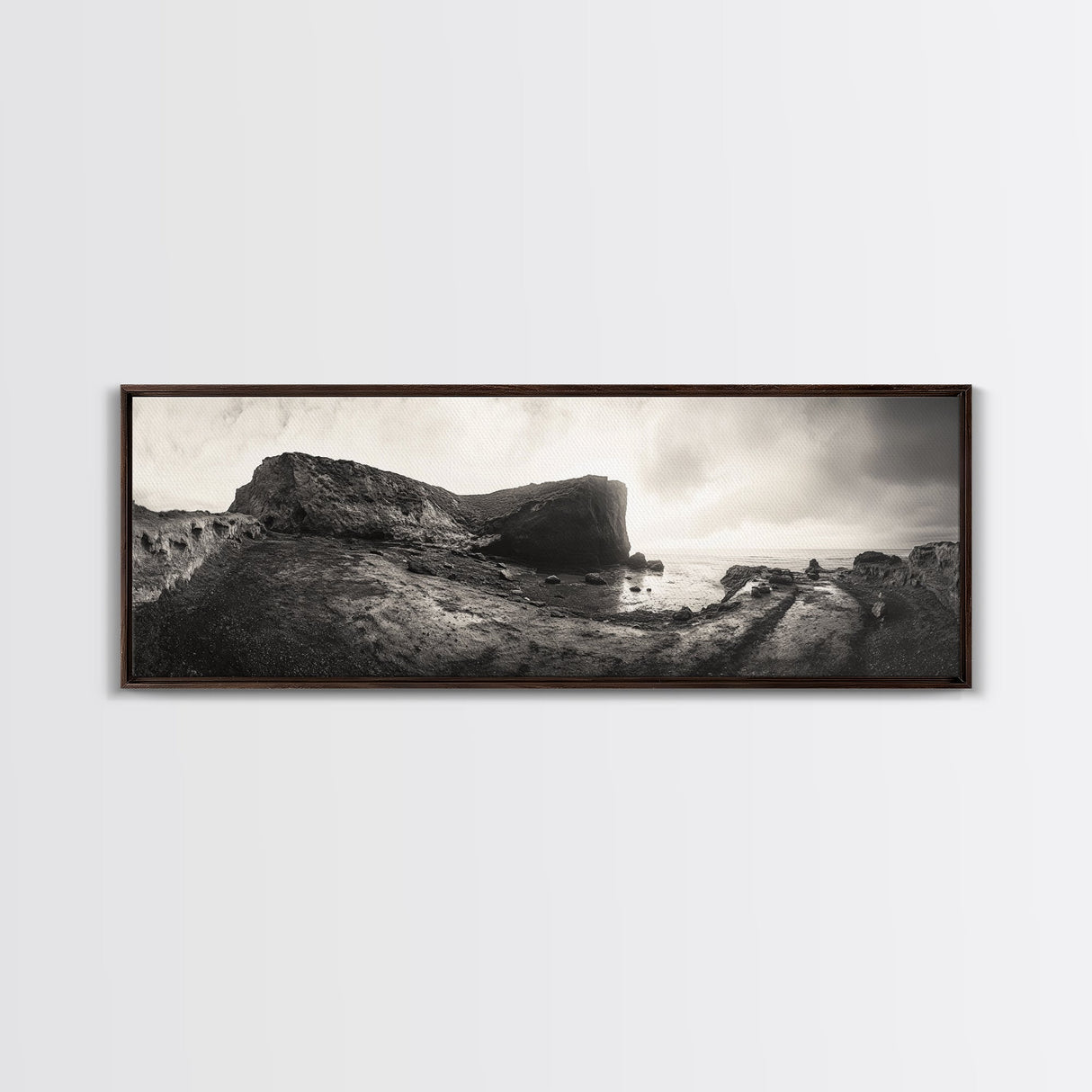 Rocky Coastal Path, Ocean Horizon View, Canvas Print, Neutral Earth Tones, Rustic Wall Art, Beach Landscape Photography, Grunge Nautical Art