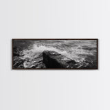 Crashing Waves Rock, Coastal Seascape, Ocean Photography, Black White Art, Framed Canvas Print, Nautical Bathroom Wall Decor
