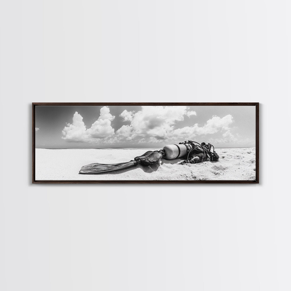 Scuba Gear, Deserted Beach, Ocean Explorer, Framed Canvas Print, minimalist beach decor, scuba diver gift, ocean wall art, travel lover art