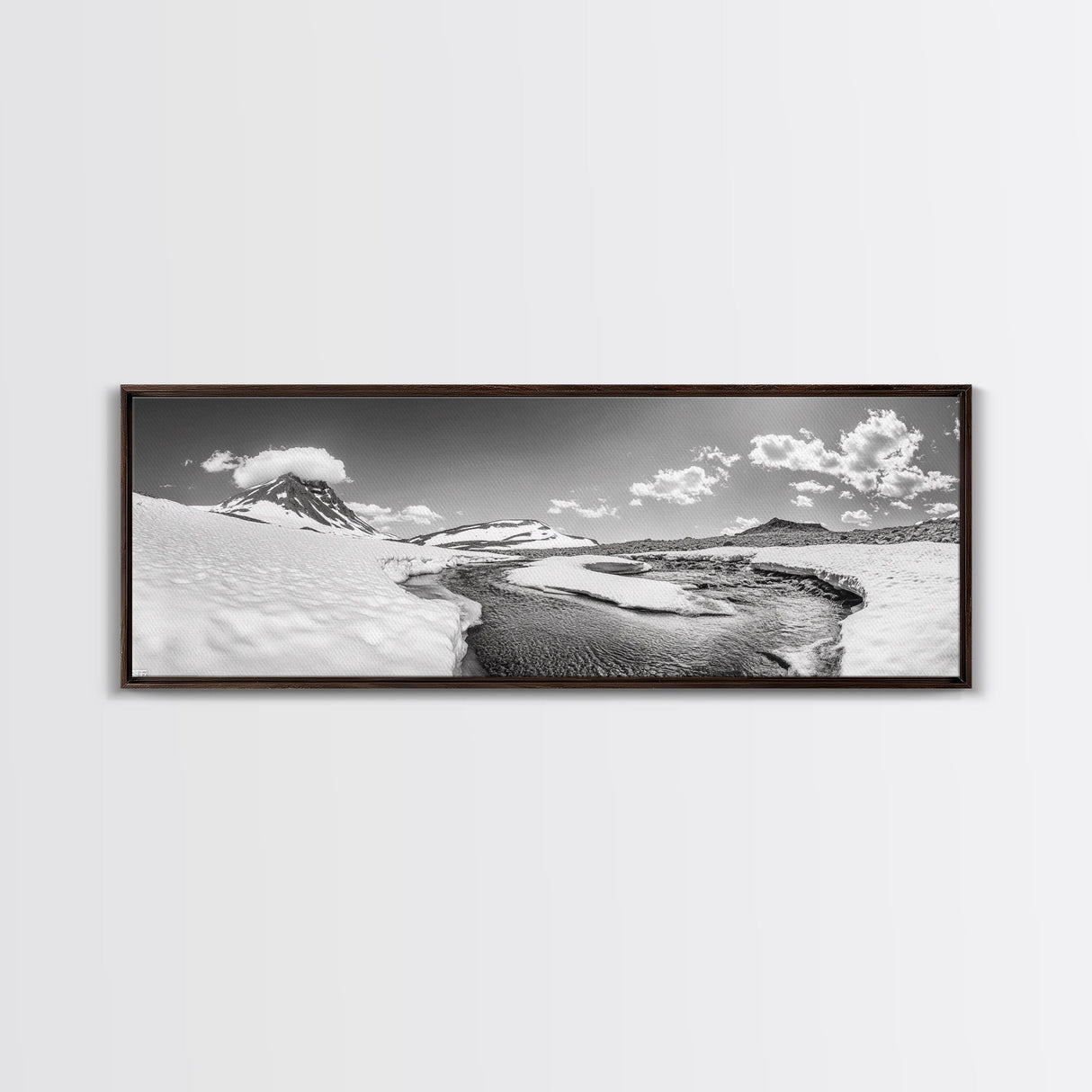 Arctic Stream, Mountain Snow, Clear Sky, Framed Canvas Print, Scandinavian decor, nature wall art, winter bedroom print, cool color tones