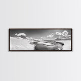 Arctic Stream, Mountain Snow, Clear Sky, Framed Canvas Print, Scandinavian decor, nature wall art, winter bedroom print, cool color tones