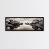 Rock Reflection, Coastal Tranquility, Nature Mirror, Framed Canvas Print, black and white coastal art, zen bathroom decor, moody ocean wall art