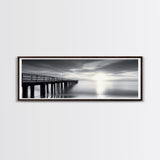 Ocean Pier, Tranquil Horizon, Serene Seascape, Framed Canvas Print, black and white beach wall art, bedroom coastal minimalism