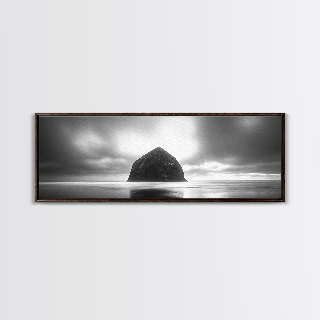 Seaside Rock Monolith, Ocean Landscape, Dramatic Sky Photography, Framed Canvas Print, Moody Wall Art, Minimalist Home Decor