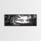 River Sunset, Mossy Trees, Tranquil Reflection, Framed Canvas Print, southern forest wall art, peaceful living room decor, rustic boho vibe