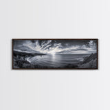 Cloudy Horizon, Wide Ocean View, Coastal Cliffs, Framed Canvas Print, dramatic seascape wall art, coastal kitchen decor, black and white