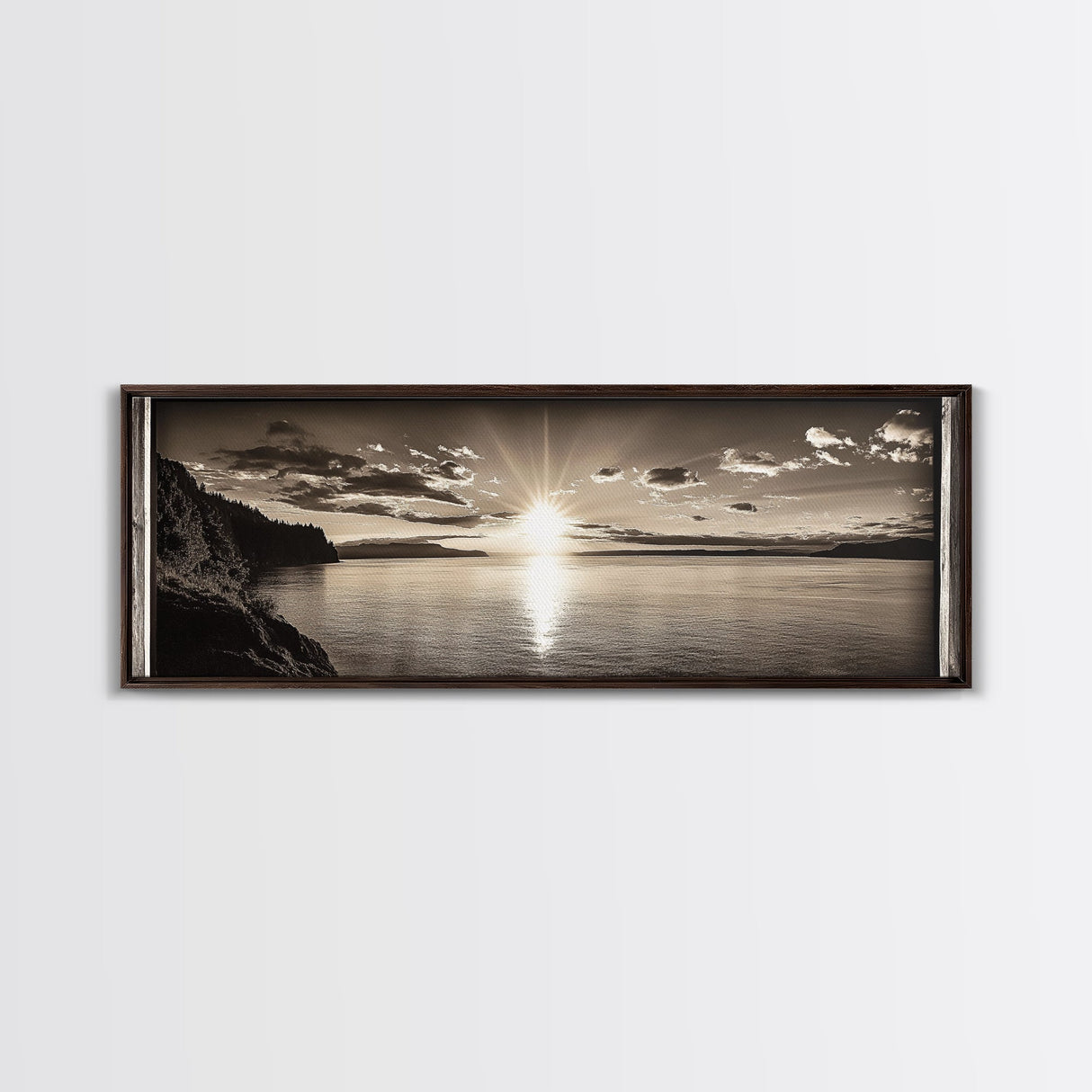 Sepia Horizon, Sunset Lake, Nature Tranquility, Canvas Print, cabin wall decor, warm autumn lake art, peaceful sepia photography