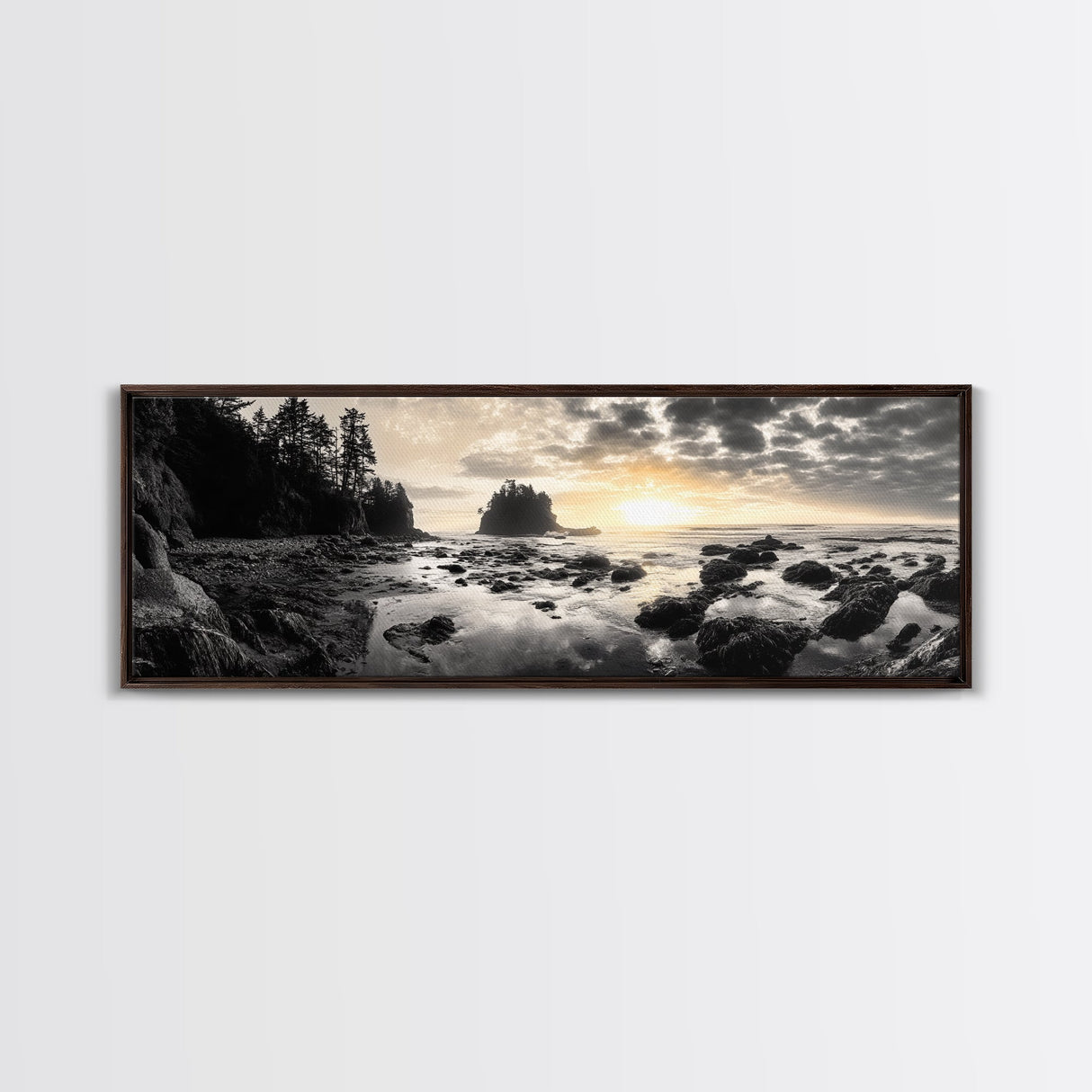 Sunset Shoreline, Moody Rocks, Forested Coast, Framed Canvas Print, nature lover gift, fall coastal art, rustic bathroom wall decor
