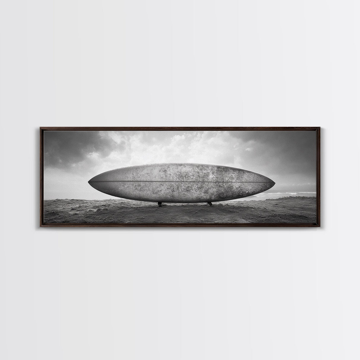 Surfboard Alone, Beach Sand, Cloudy Sky, Framed Canvas Print, minimalist surf art, coastal man cave decor, surf lover gift idea