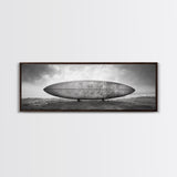 Surfboard Alone, Beach Sand, Cloudy Sky, Framed Canvas Print, minimalist surf art, coastal man cave decor, surf lover gift idea