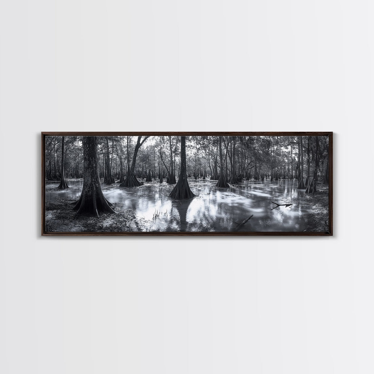 Swamp Roots, Cypress Trees, Flooded Forest, Framed Canvas Print, southern nature art, rustic lodge wall decor, moody woodland photography