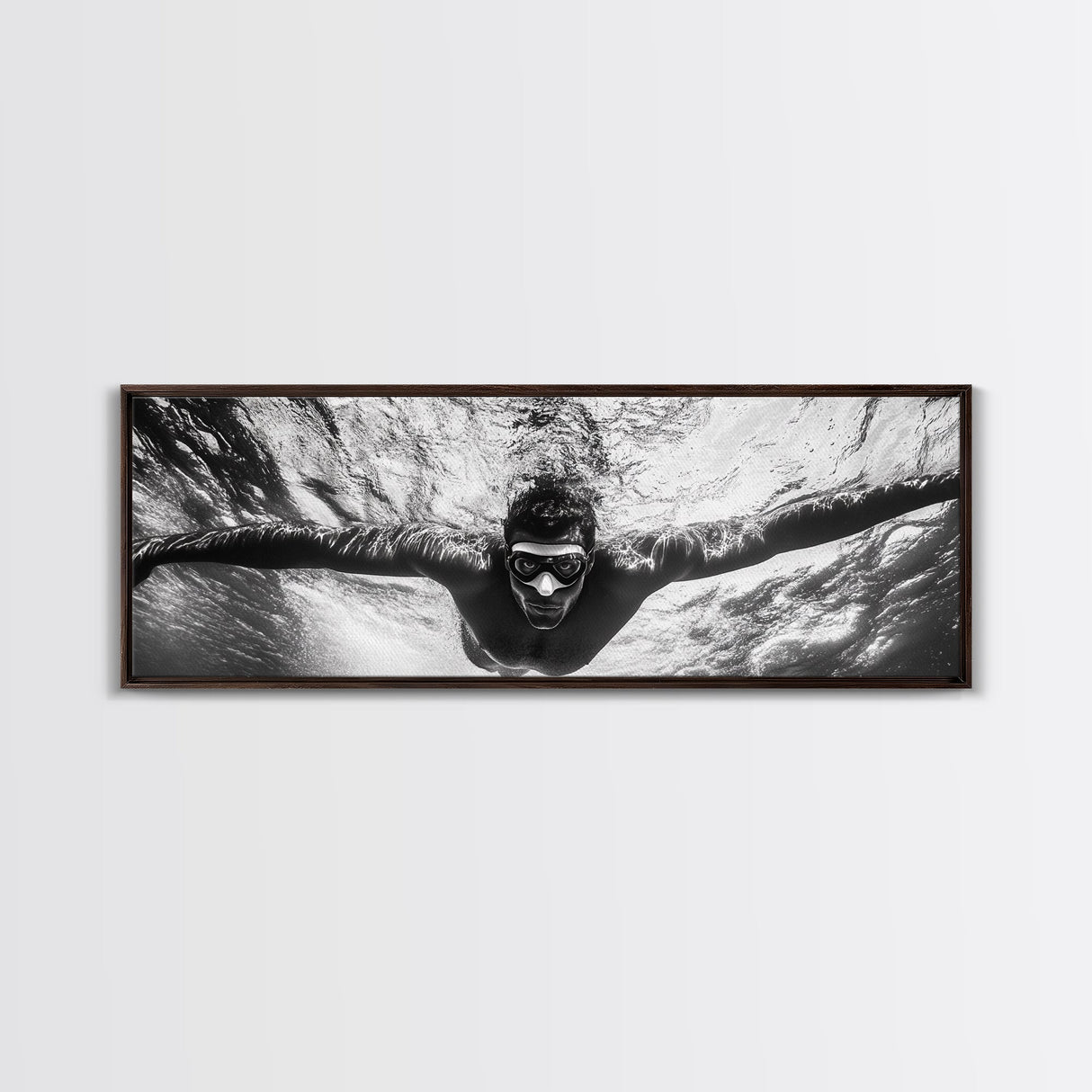 Underwater Swim, Black White Diver, Ocean Exploration, Canvas Print, modern bathroom wall art, sporty fitness vibe, minimalist ocean style