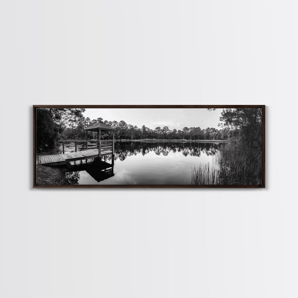 Still Lake Dock, Nature Reflections, Tranquil Scene, Canvas Print, Rustic Landscape Photography, Farmhouse Wall Art, Entryway Decor