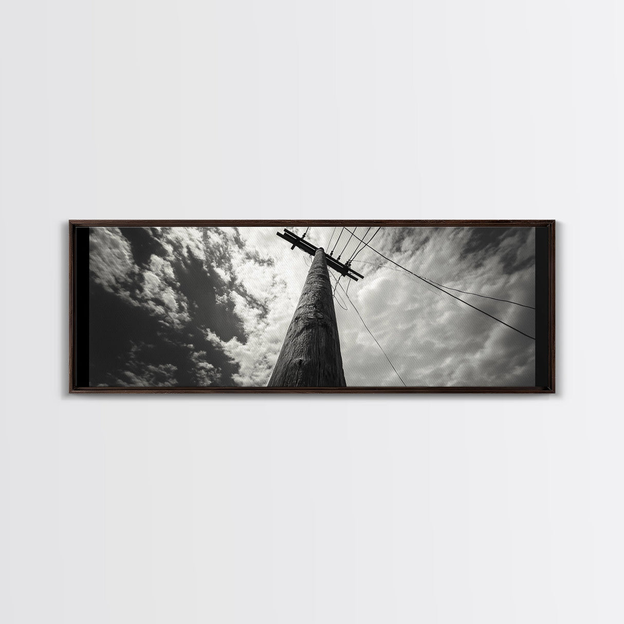 Utility Pole Sky, Urban Minimalism, Power Lines, Framed Canvas Print, Industrial Wall Art, Office Decor, Monochrome Photography