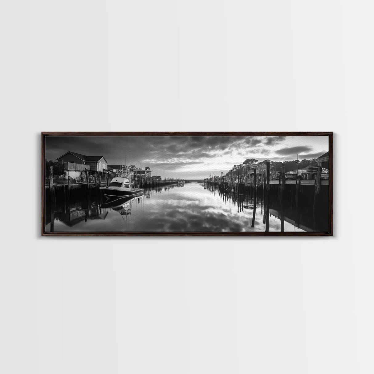 Fishing Dock, Quiet Marina, Waterside Village, Canvas Print, Nautical Wall Art, Lake House Decor, Black and White Photography