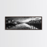 Fishing Dock, Quiet Marina, Waterside Village, Canvas Print, Nautical Wall Art, Lake House Decor, Black and White Photography