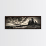 Mountain Shoreline, Stormy Sky, Forest Edge, Canvas Print, Wilderness Landscape Art, Cabin Decor, Moody Nature Photography