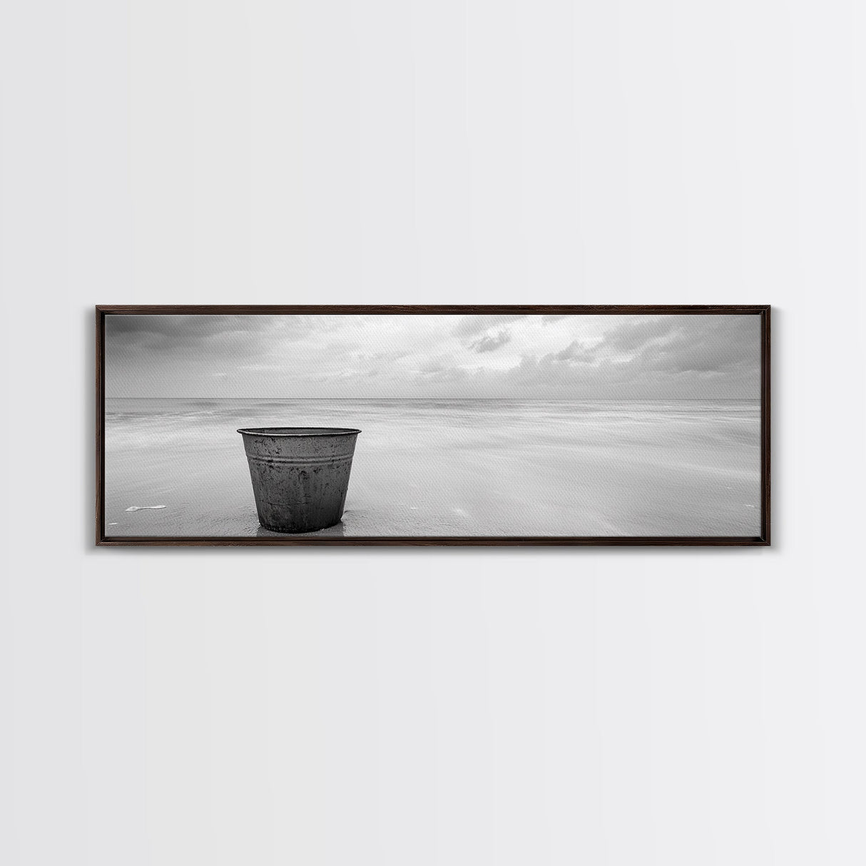 Seaside Metal Pail, Coastal Minimalism, Black White Art, Modern Bathroom Art, Framed Canvas Print, Tranquil Ocean Wall Decor