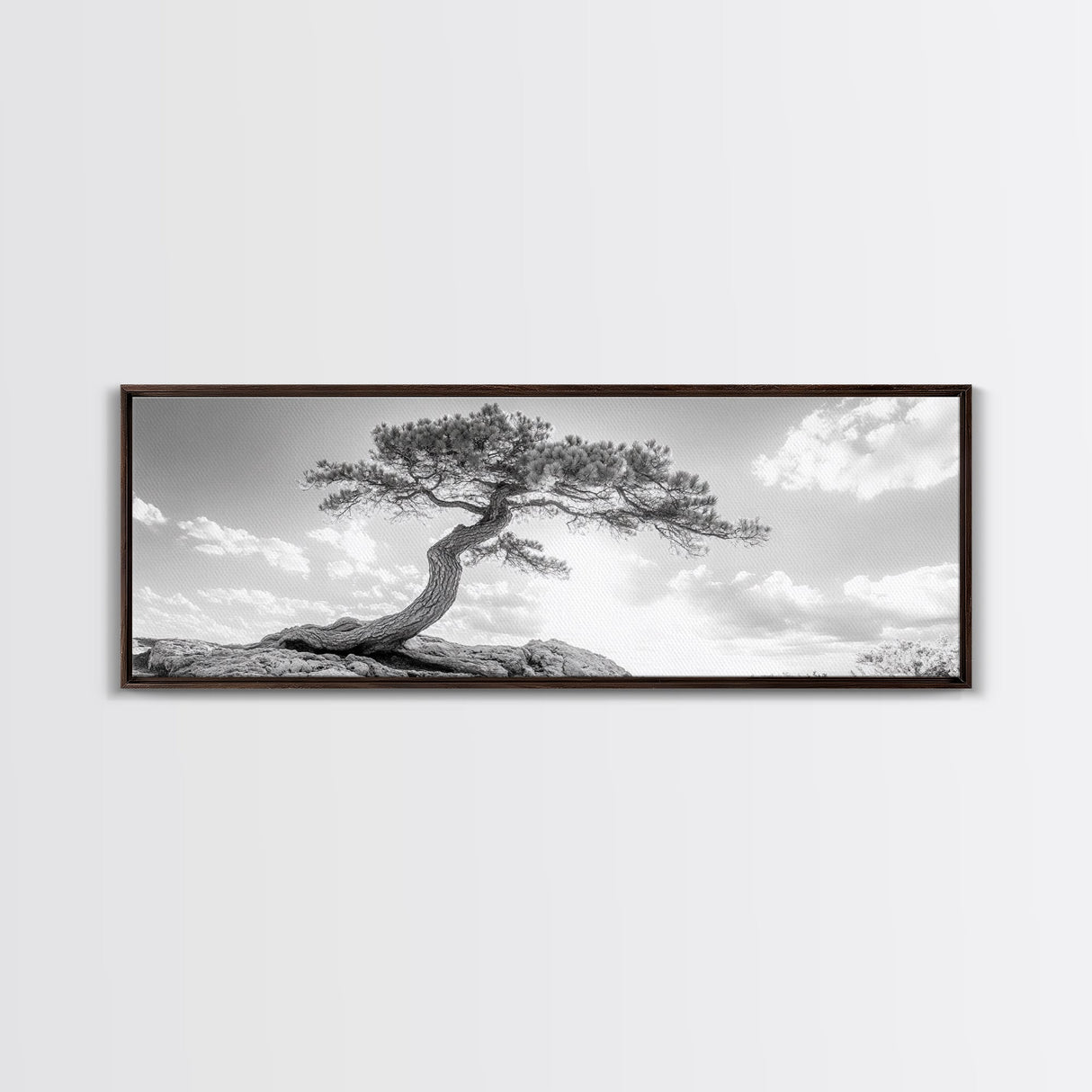 Lone Curved Tree, Zen Nature Print, Minimalist Landscape, Calming Decor, Framed Canvas Print, Bedroom Wall Statement