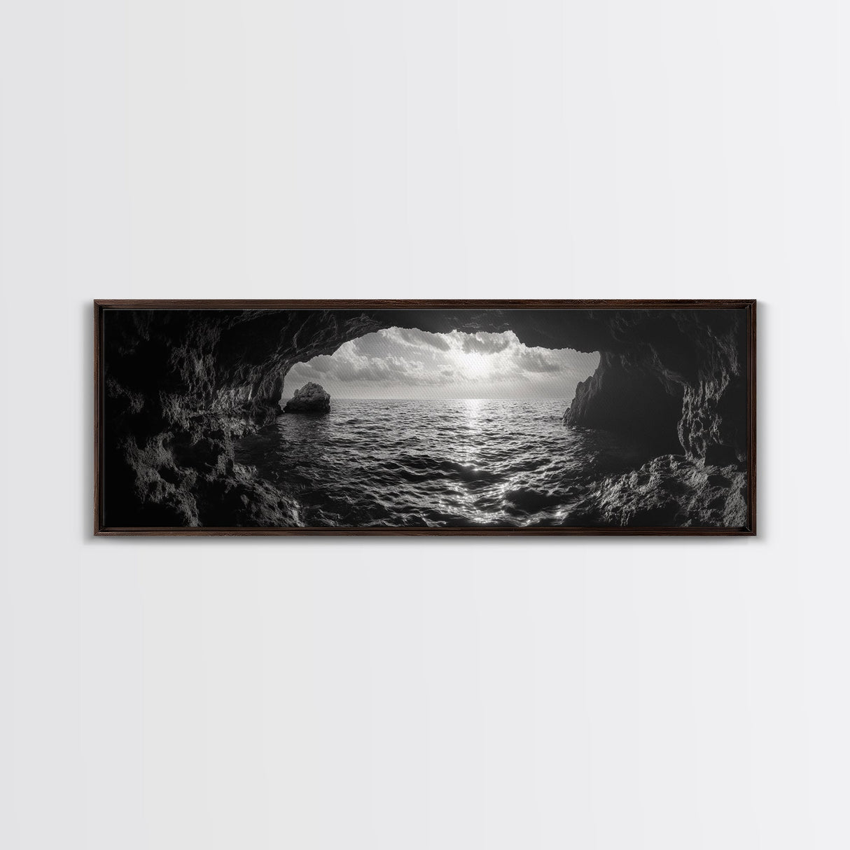 Ocean Cave, Horizon View, Seascape Tunnel, Sunset Waters, Framed Canvas Print, Coastal Bathroom Art, Nature Lover Gift, Minimal Decor