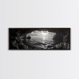 Ocean Cave, Horizon View, Seascape Tunnel, Sunset Waters, Framed Canvas Print, Coastal Bathroom Art, Nature Lover Gift, Minimal Decor