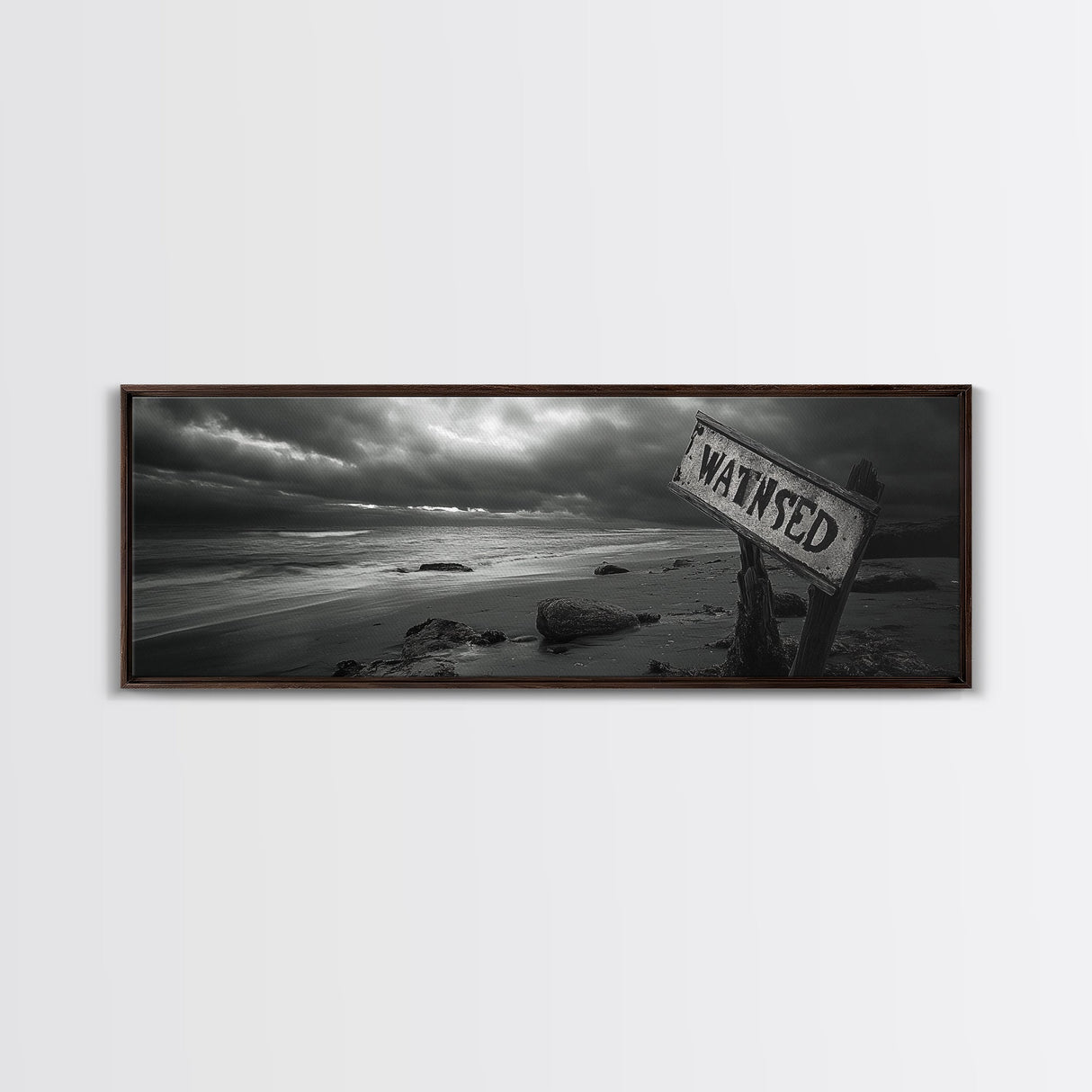 Stormy Beach, Weathered Sign, Moody Ocean, Black and White Photography, Framed Canvas Print, Coastal Gothic Wall Art, Autumn Decor