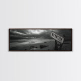Stormy Beach, Weathered Sign, Moody Ocean, Black and White Photography, Framed Canvas Print, Coastal Gothic Wall Art, Autumn Decor