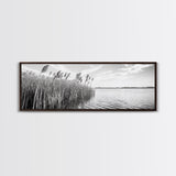Windy Reeds, Lakeside Breeze, Natural Grass Art, Monochrome Landscape, Canvas Print, Boho Living Room Decor, Botanical Minimalist Wall Art