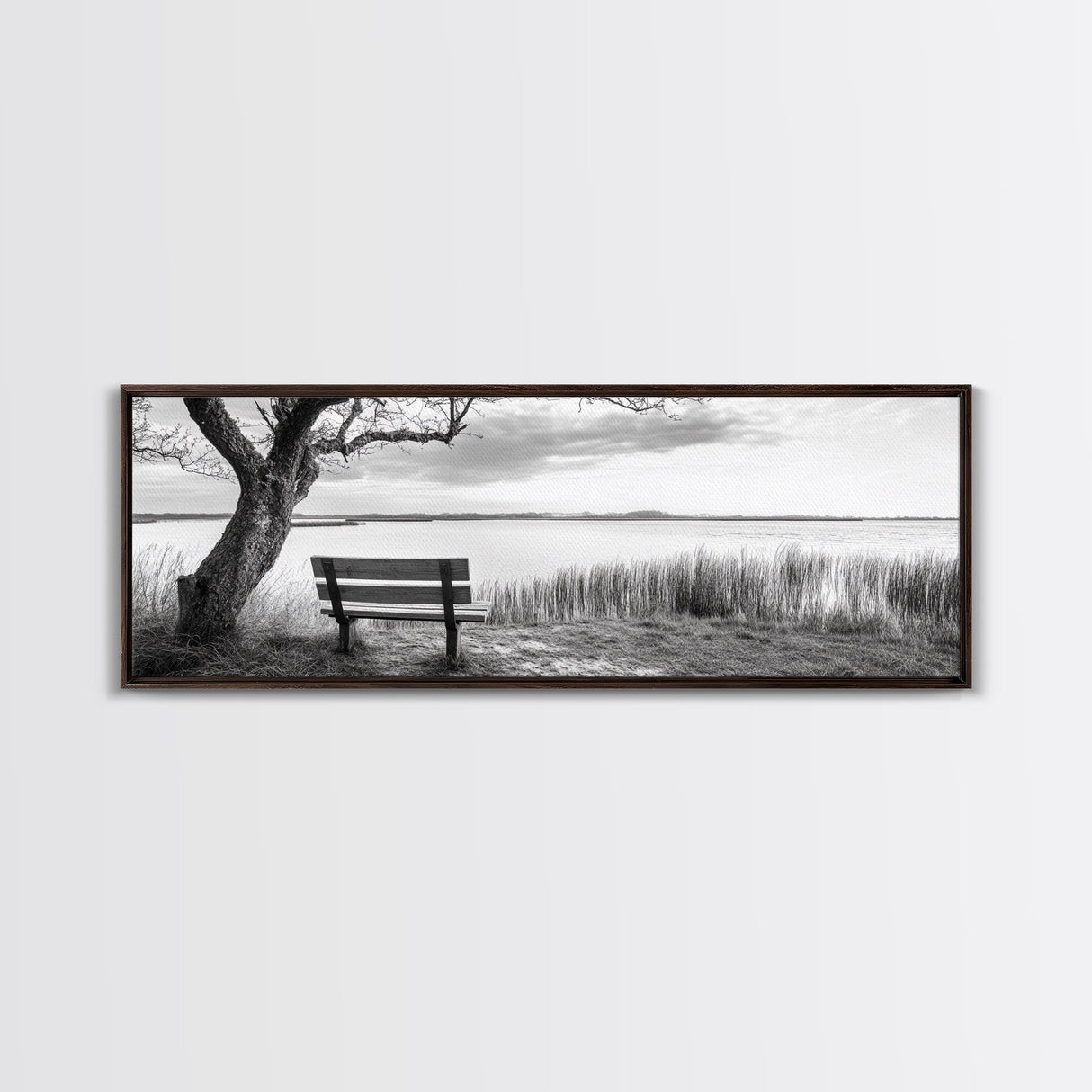 Quiet Lake Bench, Peaceful Reflection, Nature Photography, Framed Canvas Print, Serene Bedroom Decor, Minimalist Living Room Wall Art