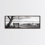 Quiet Lake Bench, Peaceful Reflection, Nature Photography, Framed Canvas Print, Serene Bedroom Decor, Minimalist Living Room Wall Art