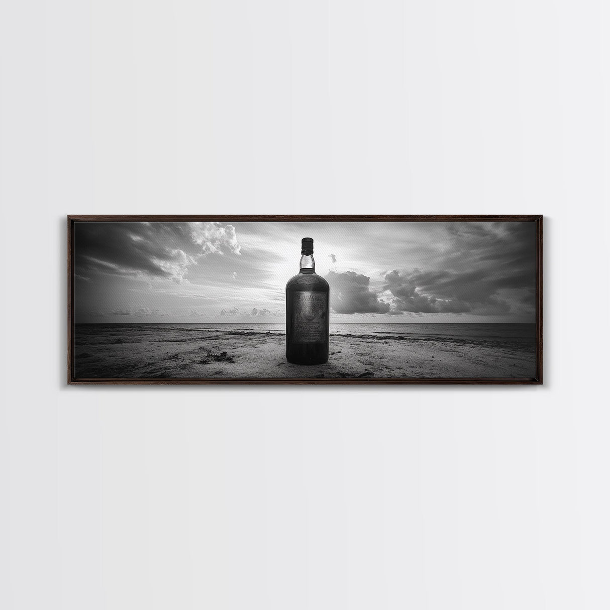 Whiskey on Beach, Bottle Seascape, Moody Coastal Still Life, Canvas Print, Masculine Bar Wall Art, Rustic Living Room Accent Piece