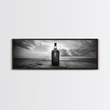 Whiskey on Beach, Bottle Seascape, Moody Coastal Still Life, Canvas Print, Masculine Bar Wall Art, Rustic Living Room Accent Piece