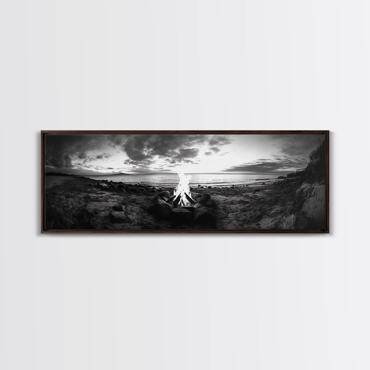 Seaside Fire, Coastal Camp, Black White, Night Shore, Framed Canvas Print, Fall decor, rustic outdoor art, cozy cabin wall art, man cave