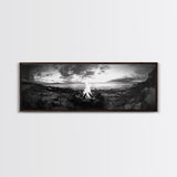 Seaside Fire, Coastal Camp, Black White, Night Shore, Framed Canvas Print, Fall decor, rustic outdoor art, cozy cabin wall art, man cave