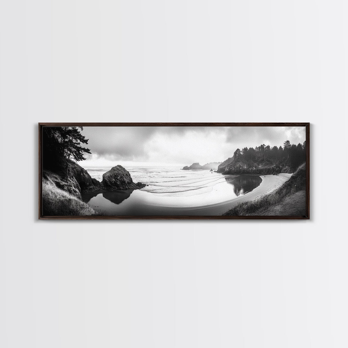 Forest Beach, Pacific Coast, Morning Mist, Tranquil Cove, Framed Canvas Print, Rustic Cabin Wall Art, Nature Landscape Photography