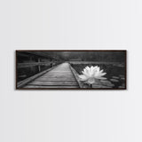 Water Lily, Peaceful Pond, Wooden Dock, Framed Canvas Print, Zen Wall Art, Meditation Room Decor, Black and White Nature Art