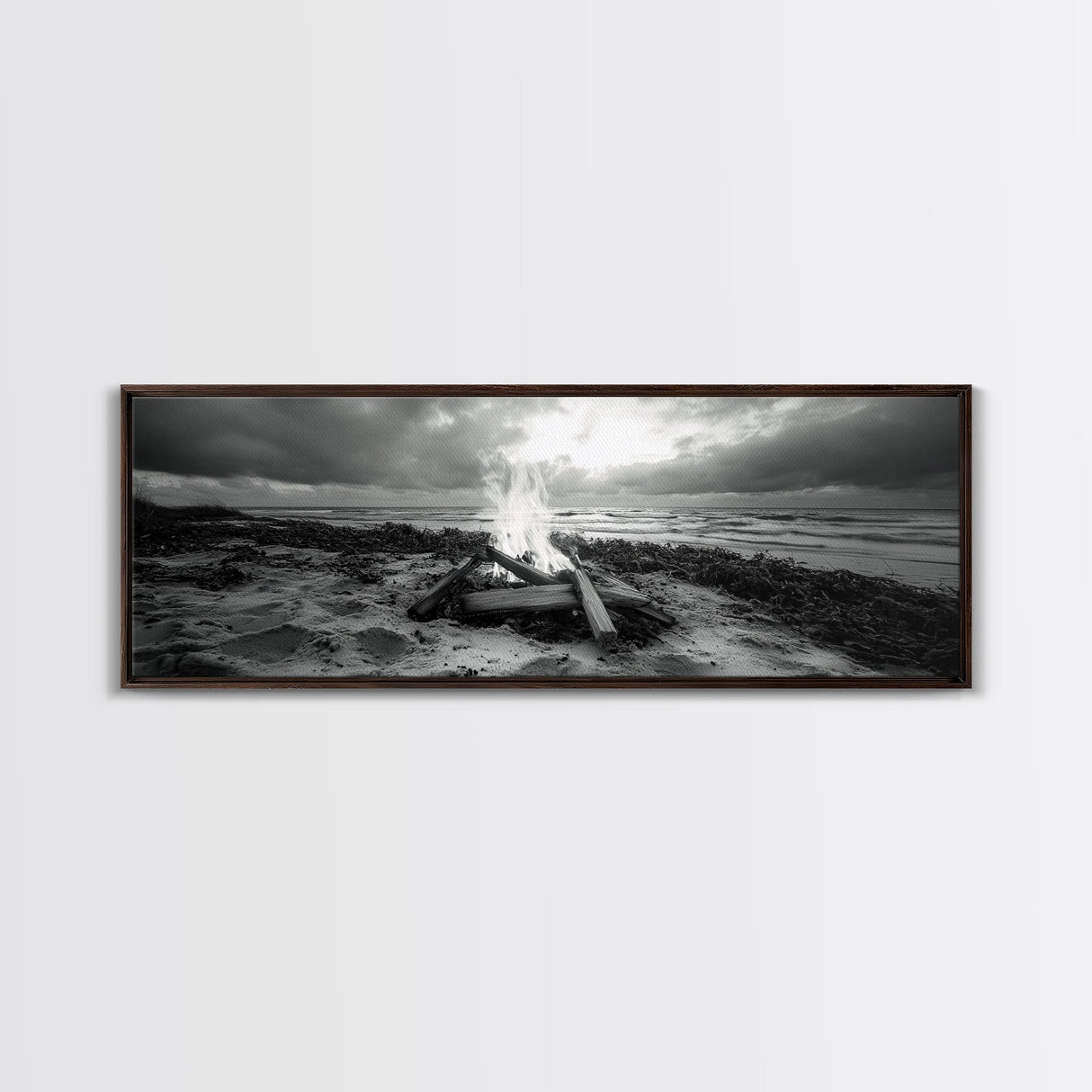 Driftwood Fire, Coastal Sky, Ocean Mood, Fall Campfire, Framed Canvas Print, rustic lake decor, bohemian fireplace art, nature wall accent