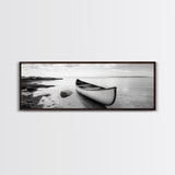 Canoe Shore, Coastal Calm, Nature Paddle, Tranquil Waters, Canvas Print, minimalist outdoor art, boho lake decor, living room wall piece